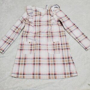 Janie and Jack Cream and Sugar White Pink Tan Ponte Plaid‎ Ruffle Dress Girl 6